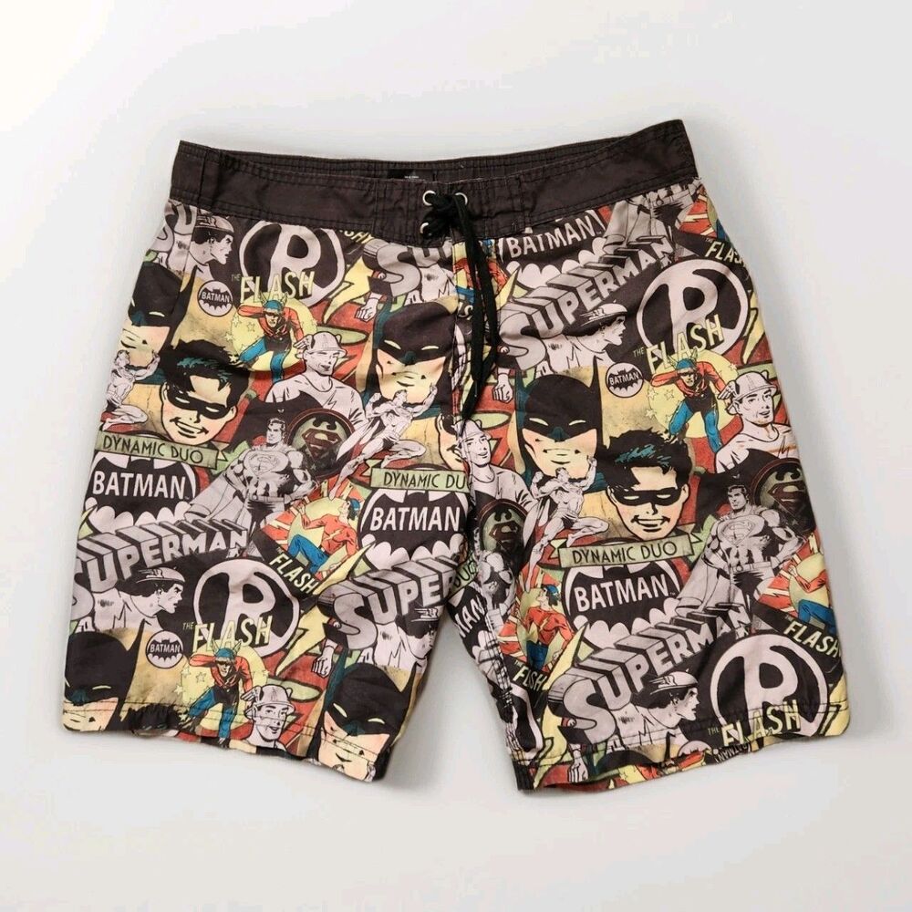 Batman DC Comics Swim Trunks Shorts Robin Superman Flash Drawstring Sz L GUC